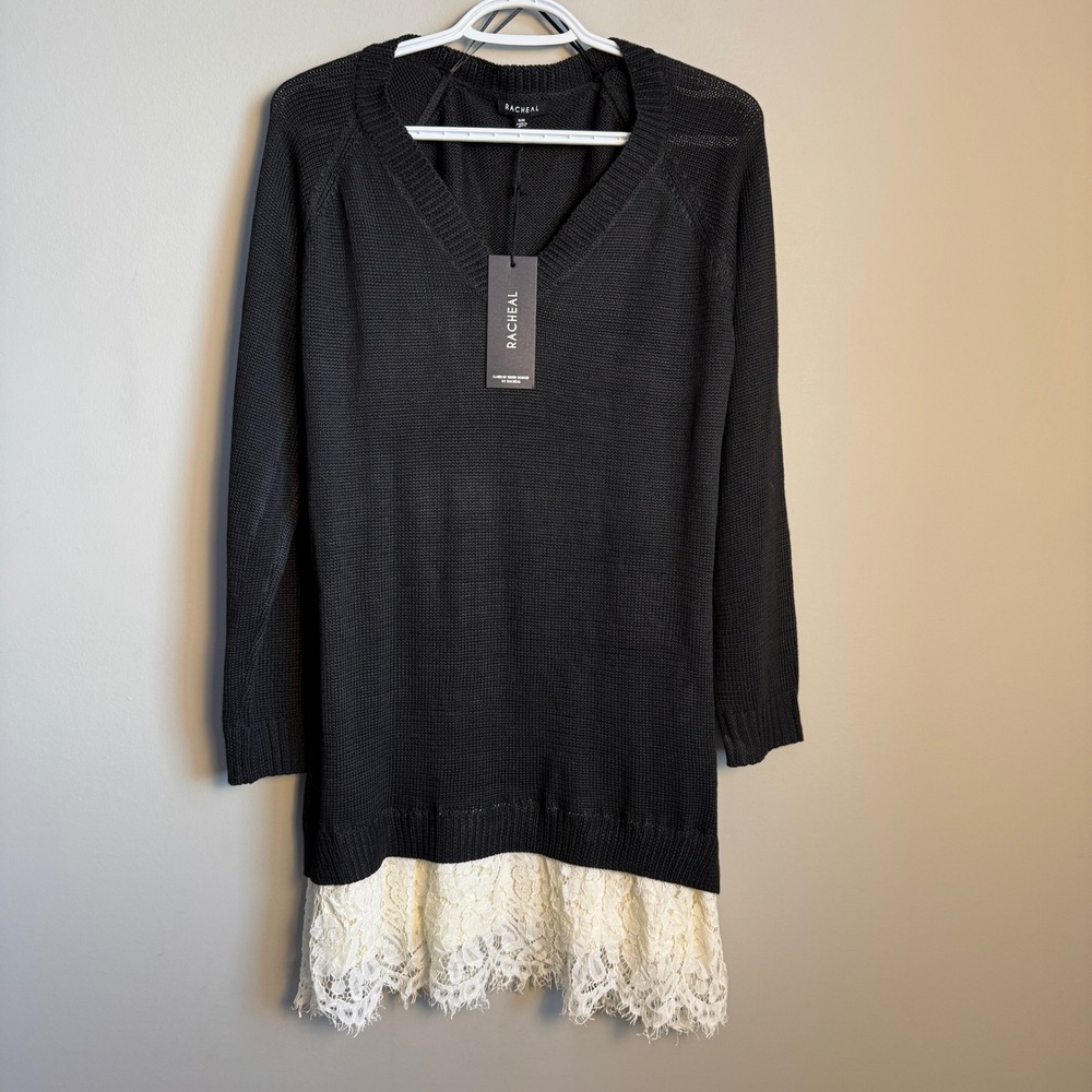 RACHEAL New Black Knit Lace Trim V-Neck Sweater Dress Womens Small Whimsigoth